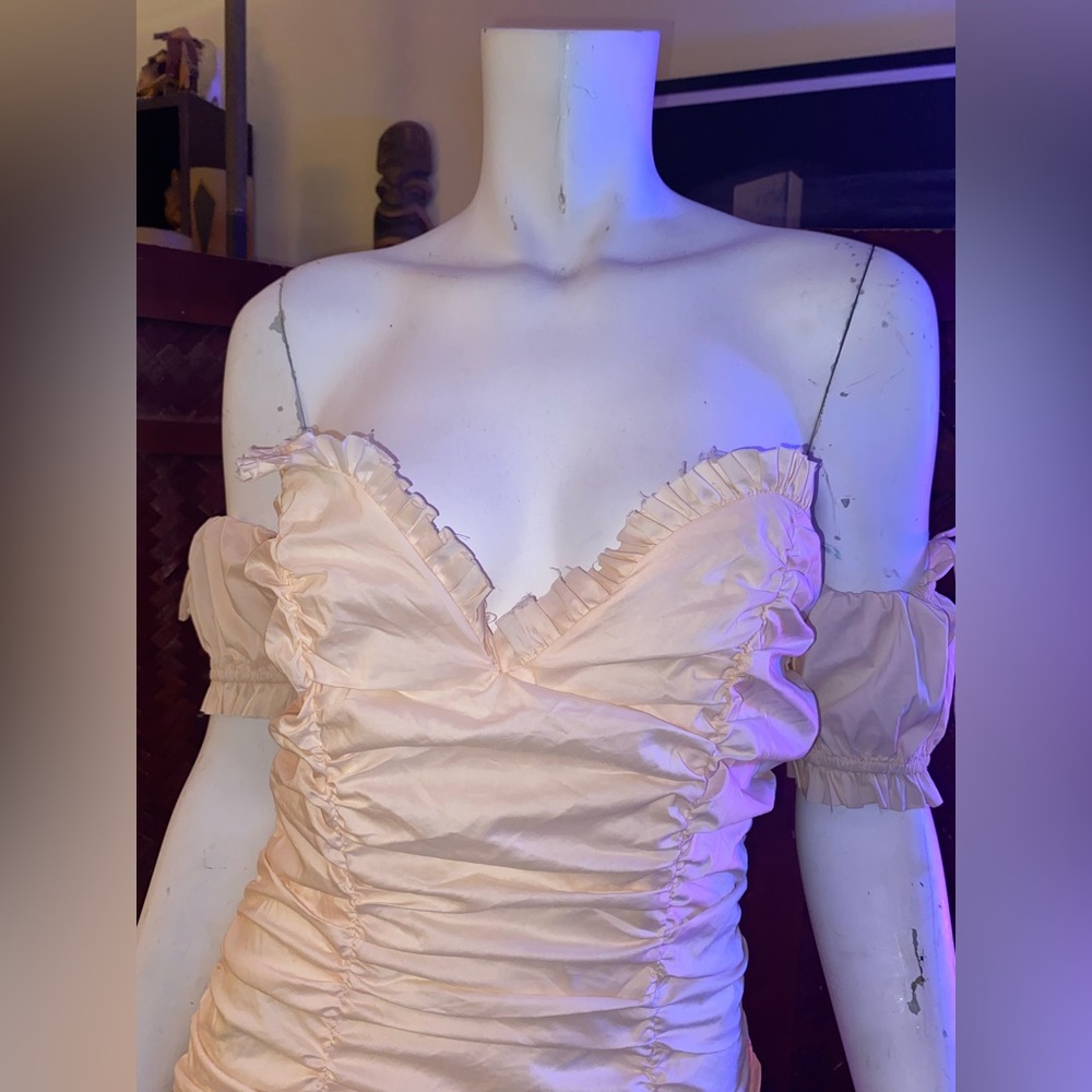 Ladies Coquette ruched Lolita mini beige ruffle cocktail dress quaint chic - Picture 10 of 12